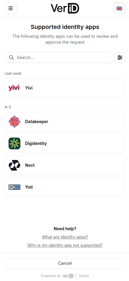 The Ver.iD Gateway on mobile, listing the digital identity wallets a customer can use to approve a request.